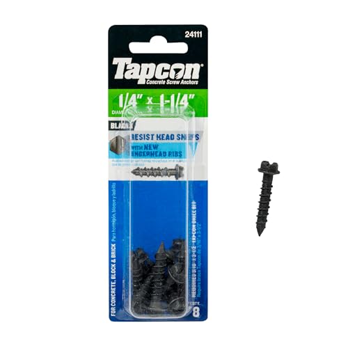 Tapcon 1/4 x 1-1/4 Inch Black Hex Head Concrete Anchors, 8 PCS, Corrosion Resistant Climaseal™ Coating, Heavy-Duty Concrete and Masonry Screws, Superior Holding Strength, Drill Bit Sold Separately