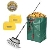 Rake for Leaves - 25 Tines Heavy Duty Metal Rake Set with Leaf Scoops & 53 Gallon Bag, Adjustable 67.5' Garden Rake, 3-in-1 Tool for Yard Pine Needle Grass Cleanup