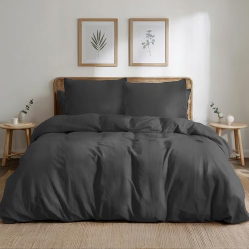 Dreamzie Zestaw pościelowy 155x220 Bawełna perkalowa - Ciemnoszary - Poszewka na kołdrę 155x220 i 2x Poszewka na poduszkę 80x80 cm