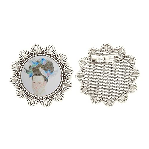 Broche de plata de pájaro azul y flor china medium, joyeria fina de estilo oriental