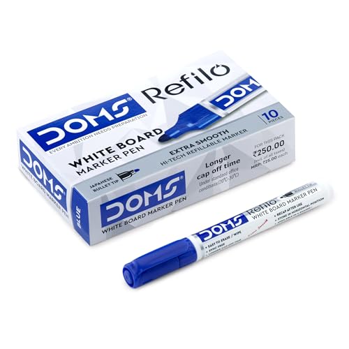 Image of Doms Refilo White Board Pen | Japanese Bullet Tip | Non-Toxic & Xzylene Free Ink | Blue Ink, Pack of 10 | white board marker