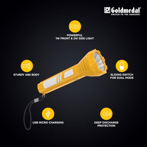 Image of Goldmedal Torcia 07 1+2W LED Rechargeable Torch-Cool Daylight(6500K)|1200 mAh Li-ion Battery with Back-up Up to 4 Hrs |USB Mirco Charging | Deep Discharge Protection |Powerful 1W Front & 2W Side Light