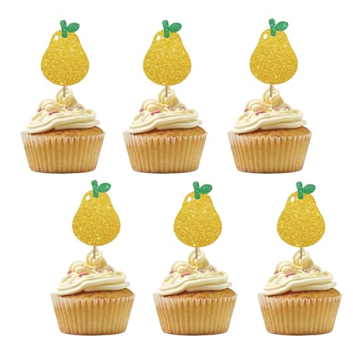 Set of 24 Pear Fruit Cupcake Toppers for Fruit Baby Shower, Gold Glitter Tutti Frutti Cupcake Toppers, Sweet Pear Cake Decorations for Summer Themed Party Supplies