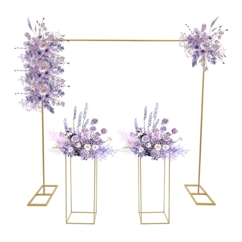 Wedding Arch Backdrop Stand with 2 Flower Stands 2×2m/6.56×6.56ft Metal Square Balloon Stands and 10.63×31.5inch Flower Station Wedding Backdrop Stand for Weddings, Parties, Garden Decoration (Gold)