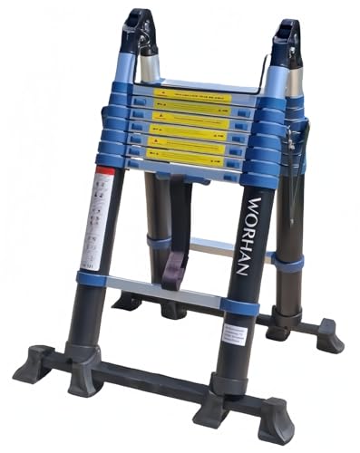 WORHAN 5m Escalera Doble Telescopica Pro Multiuso con 2 Estabilizadores Telescópicos Multifuncional Plegable Tijera Aluminio Anodizado Bisarga Grande 500cm K5A
