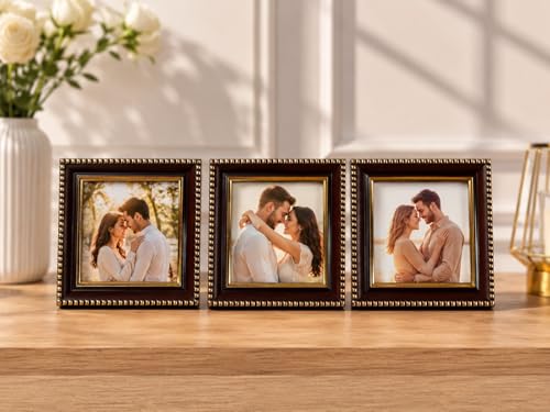 Image of Photo Frame Set of 3 - Modern Tabletop Picture Frames for Desk, Living Room & Bedroom Decor, Perfect for Wedding, Couple & Family Photos (3 x 3 inches) (Maroon Gold)