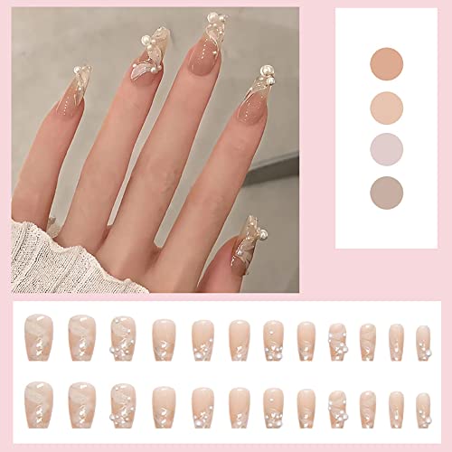 White Pearl Press On Nails Medium Glossy Oval Fake Nails Oval Clear False Nails With Designs Cute Full Cover Glue On Nails For Women And Girls 24Pcs(Pearl Silk) #TOP1