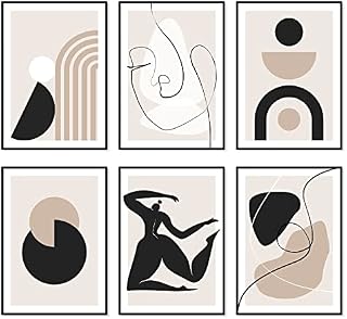 Beige Boho Wall Decor Neutral Wall Art - Set of 6 Minimalist Boho Art Prints Mid Century Modern Wall Art, Boho Room Decor for Bedroom Boho Prints for Wall Posters (Beige, A4 21x29.7cm UNFRAMED)