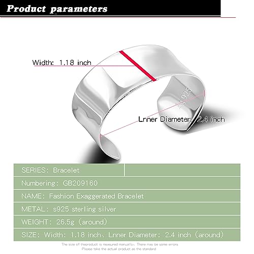 Women 925 Sterling Silver Curved Bangle 30MM Wide Grooved Cuff Bangle Shiny Punk Open Bracelet Adjustable Plated 24k Gold/Rose Gold Jewelry Gift3