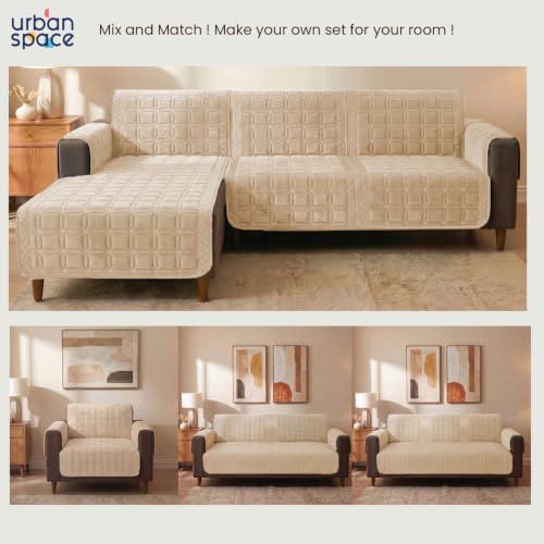 Image of Urban Space Velvet Embroidery Quilted Sofa Cover mat, Premium 2 Seater Non-Slip Sofa slipcover, Easy Care & Machine Washable, Seat Runner for Couch for Living Space (2 Seater - Cuboid Beige)