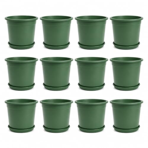 Image of 12 Inch Glossy Forest Green Plastic Planter with Bottom Plate | Heavy Duty Flower Pot with Tray for Indoor Home Decor, Balcony, Living Room & Outdoor Garden (12 Pot, Forest Green)