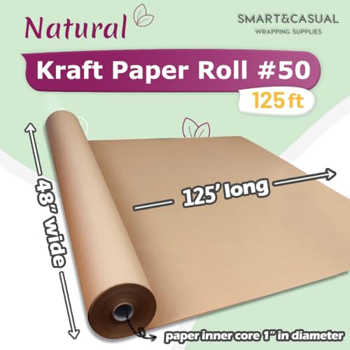 Image of SMART&CASUAL 48 inch x 1,500 inch (125') Brown Kraft Craft Paper Roll for Gift Wrapping Bulletin Board Bouquet Flower Art Packing Parcel Table Covering 70GSM 50LB (Brown, 48 inch x 125')