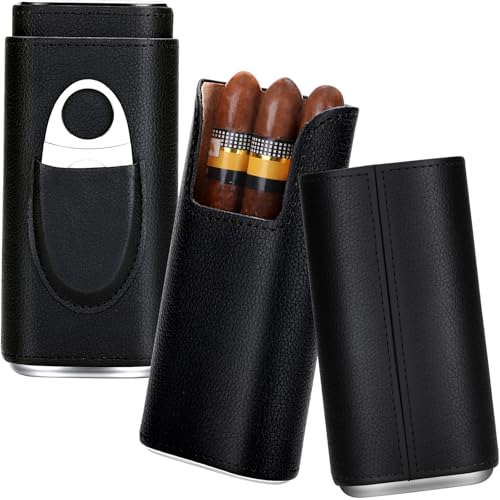NEEDONE Travel Cigar Humidor Case, Cedar Wood Lined Leather Box w/Durable Stainless Steel Cigar Cutter, Cigar Accessories Pocket, Portable 3 Cigars Storage, Cigar Gift for Men
