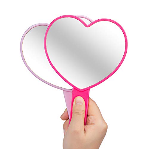 Topyhl 2Pcs Heart-Shaped Makeup Hand Mirror,Travel Handheld Mirror Portable Personal Cosmetic Mirror With Handle (Pink And Rose Red) #TOP2
