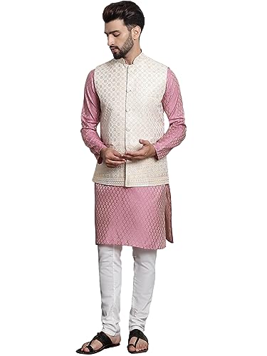 Image of SOJANYA (Since 1958 Men's Jacquard Silk Kurta and Pyjama with Nehru Jacket