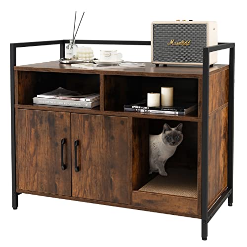 Giantex Cat Litter Box Enclosure - Cat Washroom Hidden Furniture with Front Entry, Scratcher, 2-Door...