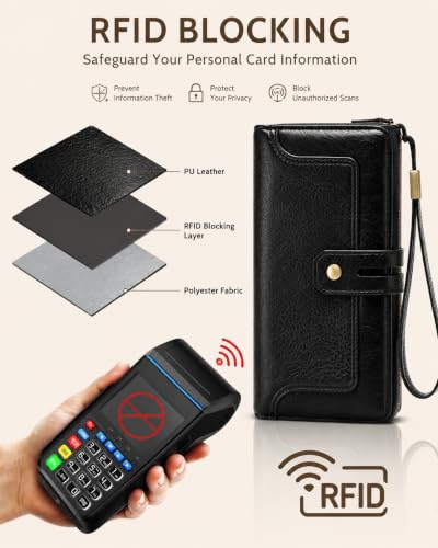 Image of Womens Wallet Rfid Blocking Bifold Leather Wristlet Cute Long Clutch Black | Large Capacity Card Holder Wallet Purse with Zipper,ID Window,Strap for Female Ladies Teen Girls