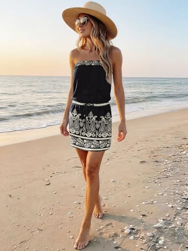 Image of Summer Dress for Women Strapless Beach Cover Ups Boho Sundress Mini Dress Drawstring Waist with Pockets