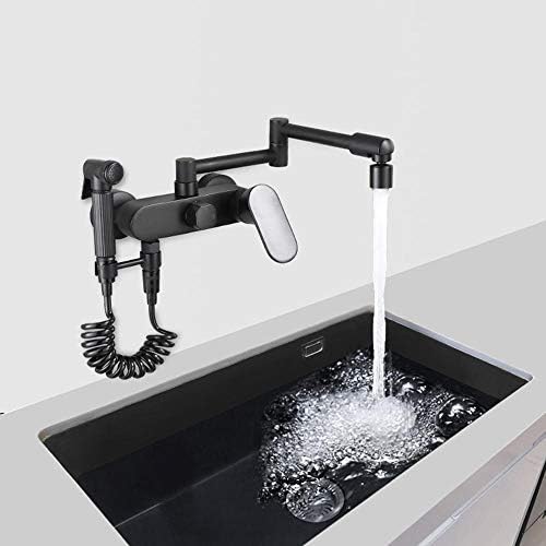 WallMounted Kitchen Faucet with Swivel Spray 2Handle Hot & Cold Water Mixer Black Brass Laundry Sink Tap Dual Function for Kitchen & Laundry Use