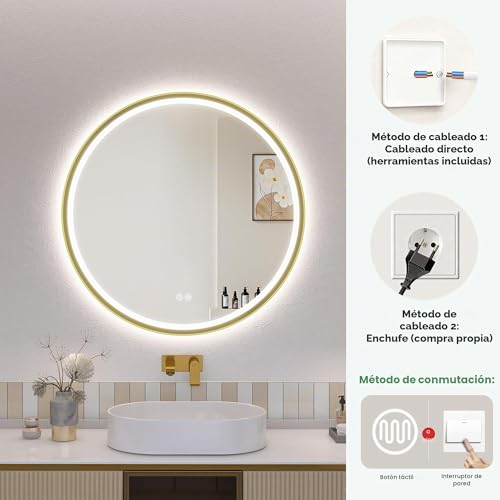 Miniatura 9 de S Bagno Espejo Baño Con Luz Redondo 60 Cm, Espejos De Baño Con Led Con Marco De Aluminio, Anti-Vaho, 3000-6500k, Vidrio Templado Hd, Ip44 Espejo Led Baño Función De Memoria, Dorado