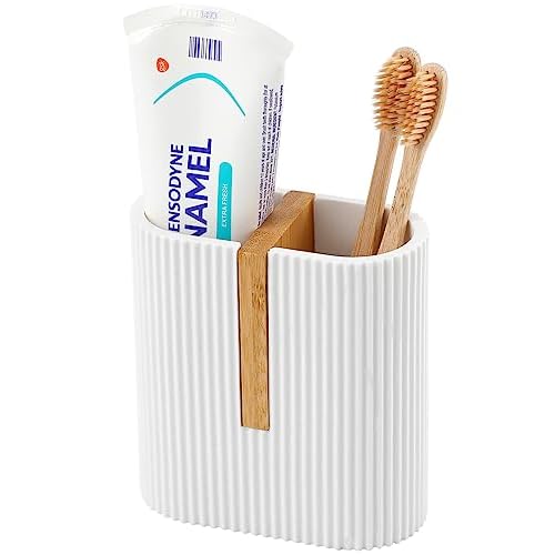 rejomiik Matte White Toothbrush Holders Electric Toothbrush Holder for Bathrooms, Bamboo Tooth Brushing and Toothpaste Storage Organizer for Sink, Countertop