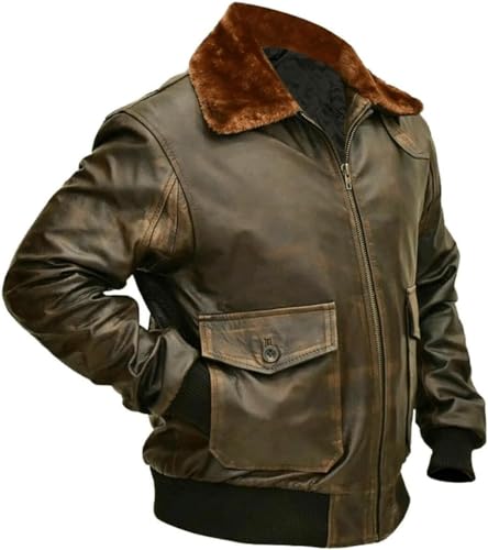 Image of Mens A2 Aviator Cockpit Bomber Leather Jacket - Distressed Pilot Jackets - G1 Fur Collar Flight Leather Jacket