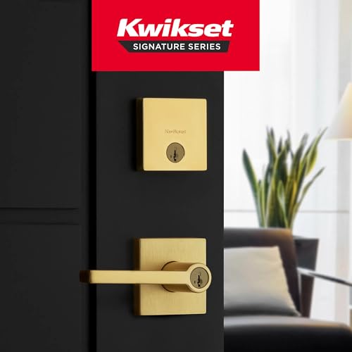 Image of Kwikset Halifax Square Front Door Lock Handle and Deadbolt Set, Entry Exterior with Interior Reversible Lever, Satin Brass, Project Pack, Pick Resistant SmartKey Rekey Deadbolt Security