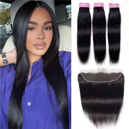 Extensions cheveux humains brésiliens vierges avec dentelle frontale 33x10,2 cm