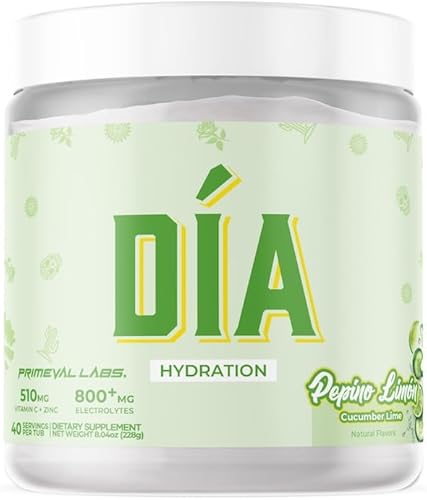 Primeval Labs Dia Hydration - Polvo de electrolitos  Vitamina C + zinc, taurina y electrolitos  Bebida de hidratación diaria baja en azúcar  40