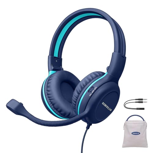 SIMOLIO Casque Filaire pour Enfants avec Microphone, Microphone pivotant Flexible pour élèves de l'école K-12 et Enseignants, e-Learning, réunions et appels, limiteur de Volume à 3 Niveaux pour