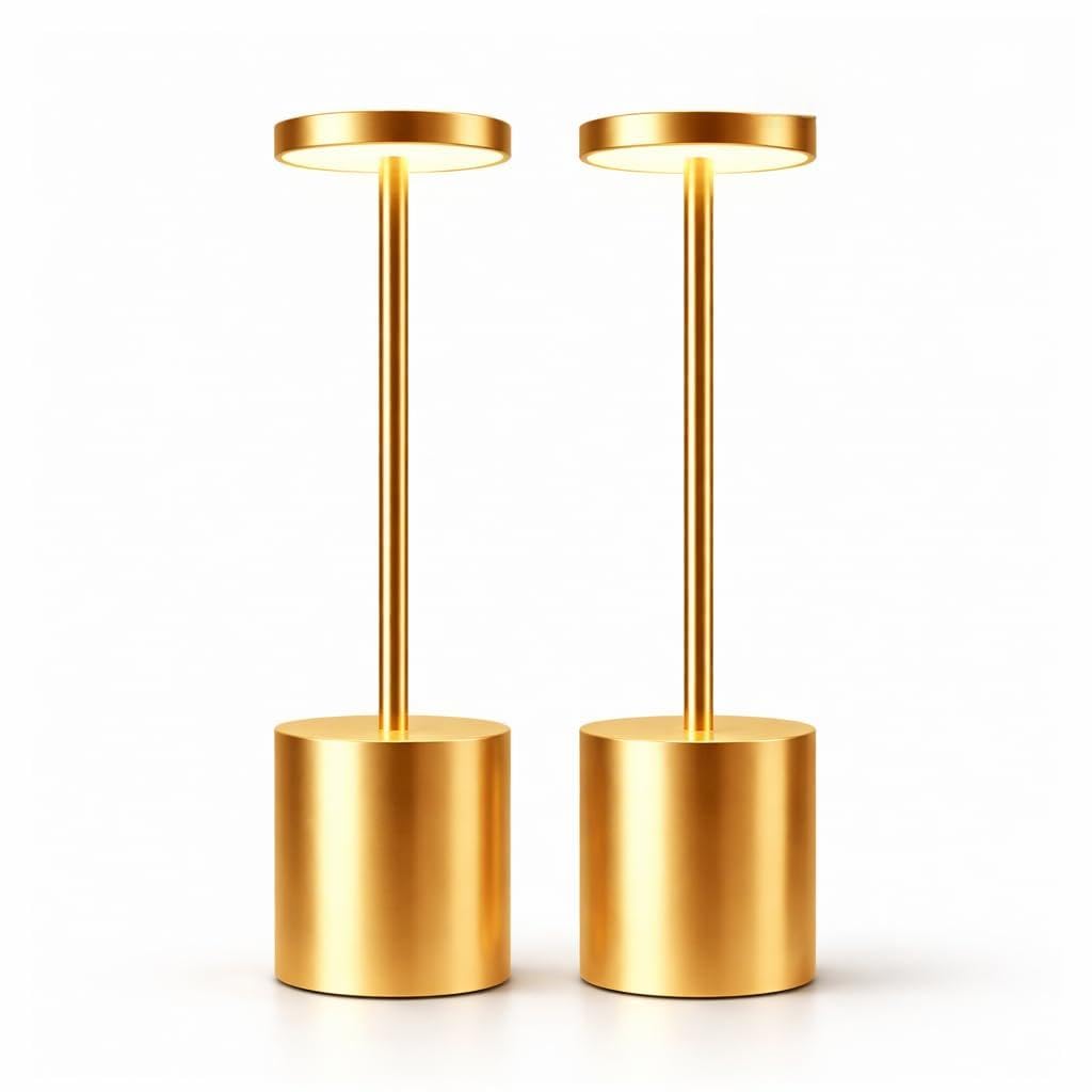 Pack de 2 Lámparas de Mesa LED Inalámbricas Recargables Doradas – Control Táctil, 3 Modos de Luz, Brillo Regulable, Diseño Moderno para Dormitorio, Salón, Restaurante o Bar
