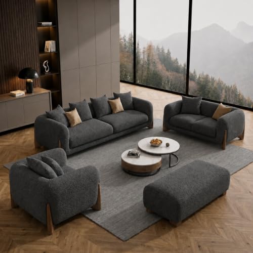Image of Modern Sofa, Teddy Fabric, Chesterfield Style, Wooden Legs, for Living Room, Bedroom, Hallways (Dark Grey 3+2+1+Ottoman)
