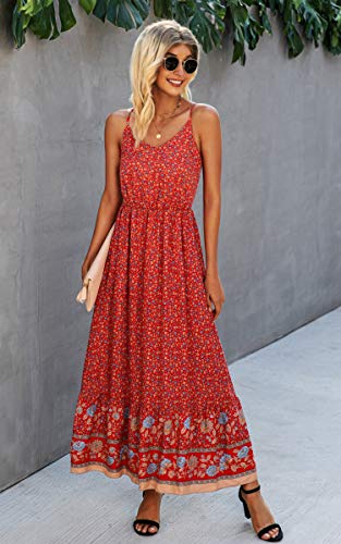 Image of Angashion Women's Dresses Floral Adjustable Spaghetti Strap V Neck Boho Long Maxi Dress Summer Beach Flowy Ethnic Sundress