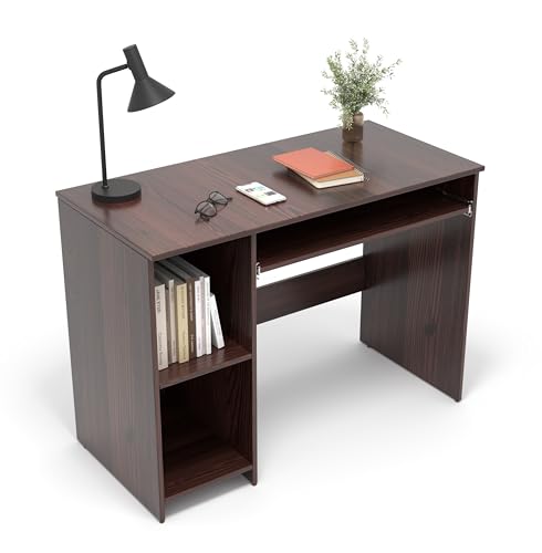 Image of 104x50x75CM Engineered Wood Study Table with Keyboard Tray & 2 Open Storage Shelves for Home, Office | Scratch & Moisture Proof Computer, Laptop Table | 1 Year Warranty- Golden Oak