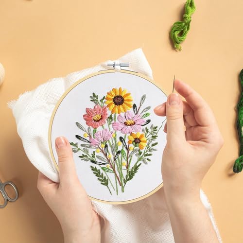 Image of KintKita Floral Embroidery Kit for Adults 4 Sets, Easy DIY Embroidery Kits for Beginners Stamped Cross Stitch Practice Kit, Includes Stamped Flower Pattern, Hoop, Color Threads,Tools