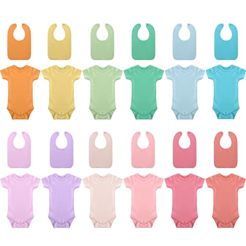 Hillban 24 Pcs Unisex Cotton Short Sleeve Bodysuits Baby Bibs Set for Baby Shower