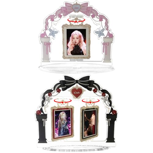 WAYUTO 2PCS Archway Kpop Photocard Holder with Rotating Stands Decorative Pink and Black Bow Acrylic Photo Display Organizer Detachable Desktop Photo Frame for Idols Gift for Kpop Fans