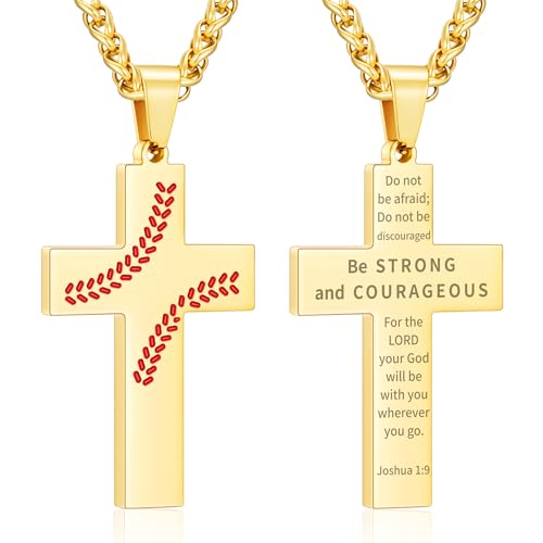 Zocomi Baseball Cross Necklace for Boys Men Stainless Steel Pendant Chain Bible Verse Religious Christian Jewelry First Communion Confirmation Gift Christmas Teenager Joshua 1:9 Gold