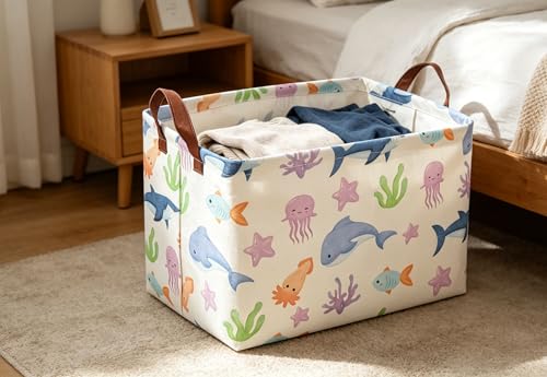 Image of Essme Rectangular Basket, Storage Basket with Handles for Room Decor,Ocean Storage Bin(Ocean)