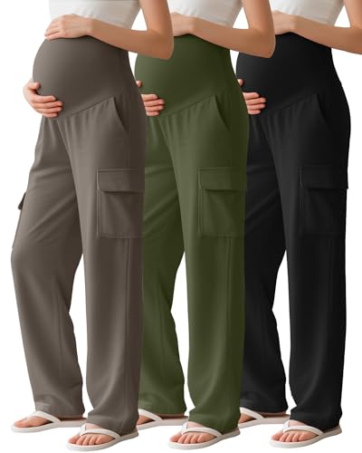 Sweetyweee 3 Pack Women's Maternity Cargo Pants Over The Belly