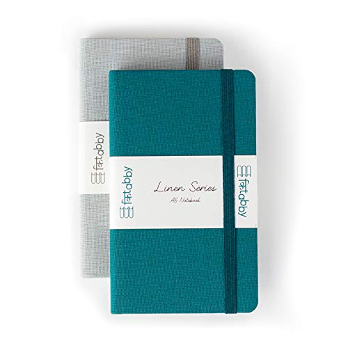 Kitabby – Linen Series – A6 Size – Hard Bound Pocket Notebook with Elastic Band – 192 Pages – 80gsm Natural Shade Paper – Linen Fabric Cover Material – Pack of 2 – (Grey + Peacock Blue)