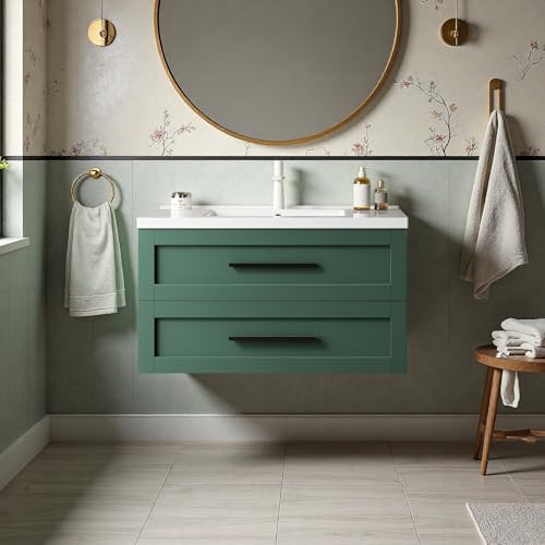 Image of Floating Bathroom Vanity with Sink, 36 inch Bathroom Storage Cabinet with Curve Design Ceramic Basin & 2 Soft-Close Drawers, Wall-Mounted Vanity with Large Storage Space & Black Handle, Green