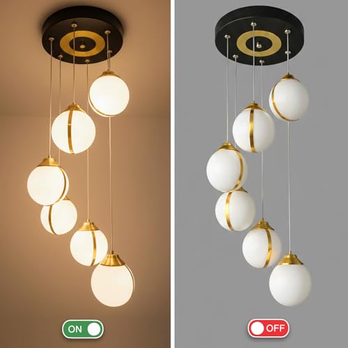 Image of Lamp master Modern 6 Globe Pendant Light | Warm Glow | Gold Finish | Acrylic Unbreakable Ball Chandelier | Premium Hanging Ceiling Light for Living Room, Staircase, Restaurants & Double Height Spaces