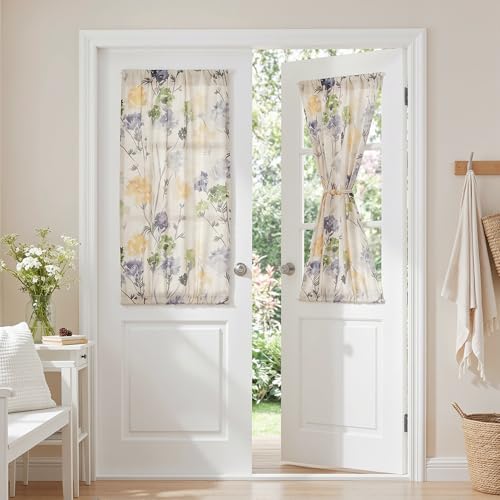 Image of MYSKY HOME Floral Linen French Door Curtains 40 inch Long 2 Panels for Front Door Light Filtering Privacy Semi Sheer Window Curtains with Rod Pocket, Sage Green, 24 inch W Each Panel