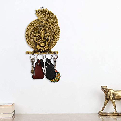 Image of eCraftIndia Golden Metal Lord Ganesha & Peacock Feather Decorative Key Holder for Wall with 4 Key Hooks | Wall Key Holder for Home Decor | Gift for Diwali Housewarming | Diwali Gift for Family Friend