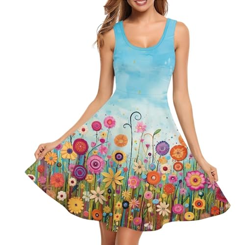 Image of Women's Casual Loose Sundress Midi Sleeveless Crewneck Dress Summer Beach Tank Dress with Pockets