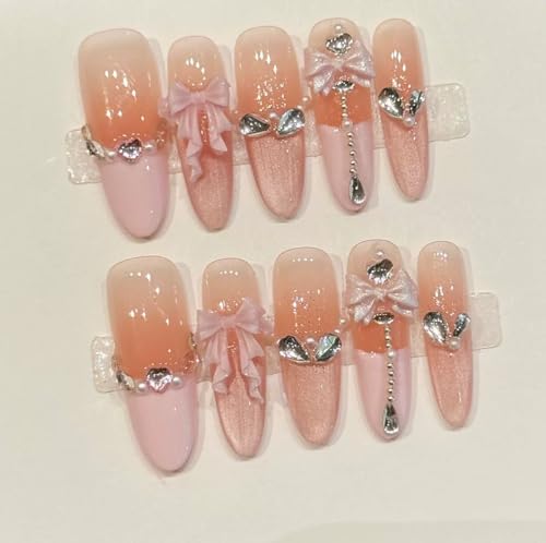 Handmade Press on Nails Long Stiletto Fake Nails Pink French