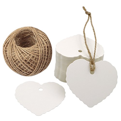 Heart Paper Tags, G2PLUS 100PCS Kraft Paper Gift Tags Wedding Favor Kraft Hang Tag Bonbonniere Favor Gift Tags with Jute Twine 30 Meters Long for DIY Crafts & Price Tags
