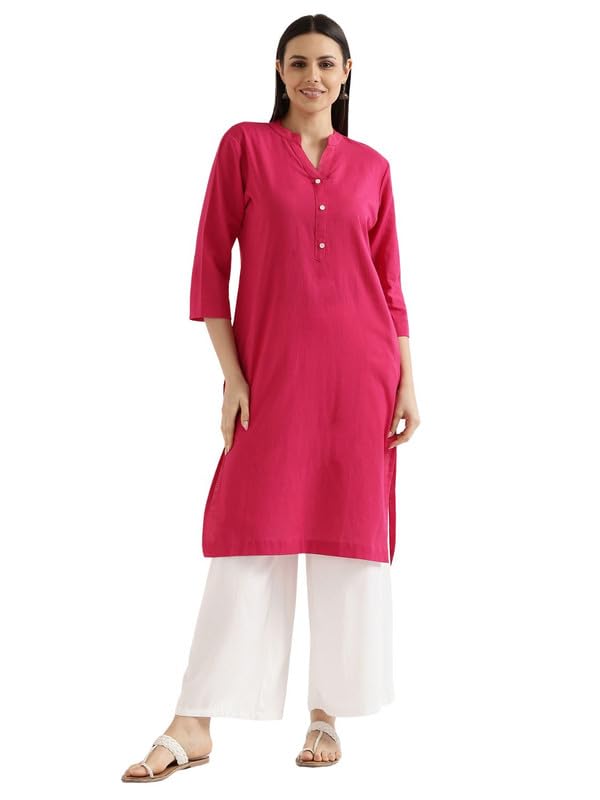 Image of SAADAA Women's Linen Blend Long Kurta with Viscose Palazzo Set | Straight Fit Kurta with Wide Leg Palazzo | Solid Ethnic Co-ord Set for Office & Casual Wear