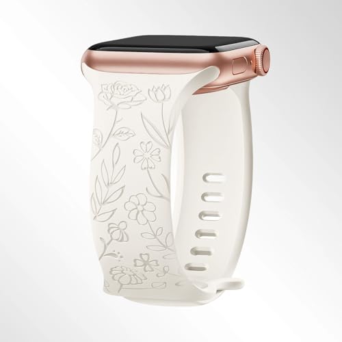 Floral Engraved Watch Band Compatible with Apple Watch Band 38mm 40mm 41mm 42mm 44mm 45mm 46mm 49mm for Women, Soft Silicone Rose Flower Pattern Sport Band for iWatch Series 10 9 8 7 6 5 4 3 2 1 SE (Starlight,38/40/41/series10-42mm)